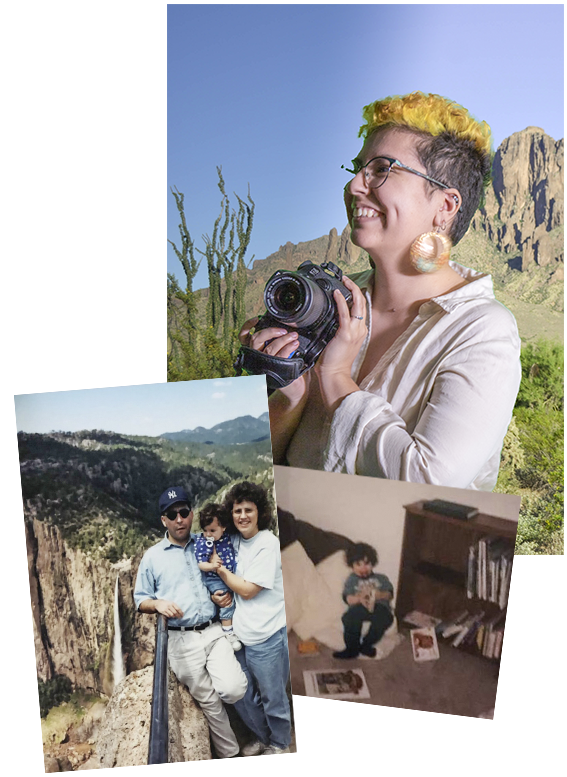 Meet your arizona adventure photographer, Ela. This photo shows her holding the camera, her with her family as a child, and her reading books as a baby.
